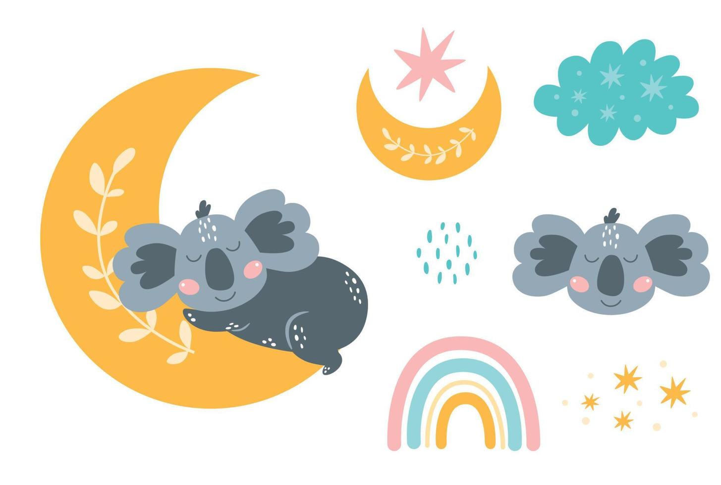 gute nacht isoliertes element. süße Träume Cliparts. Mond, träumender Koala, süßer Bär, Baby-Regenbogen. kinder schlafen sammlung isoliert. süßes tier im cartoon-stil. Vektor-Illustration. Koala-Kopf. vektor