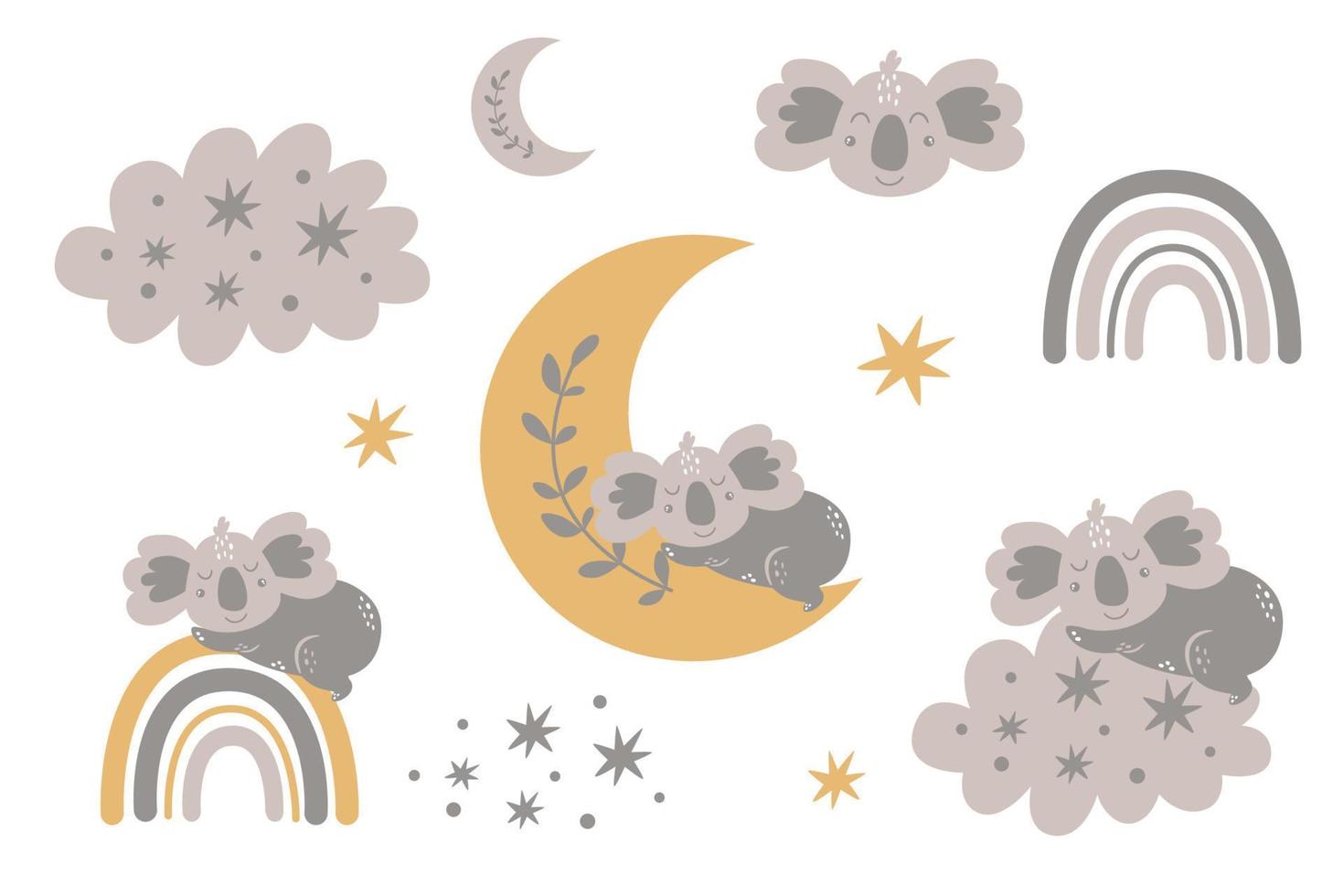 söt bebis koala sovande på de måne ClipArt samling. barn måne, bebis djur, koala Björn, moln regnbåge, stjärnor. barnkammare ljuv dröm sovande grafisk element. hand dragen uppsättning. vektor illustration.