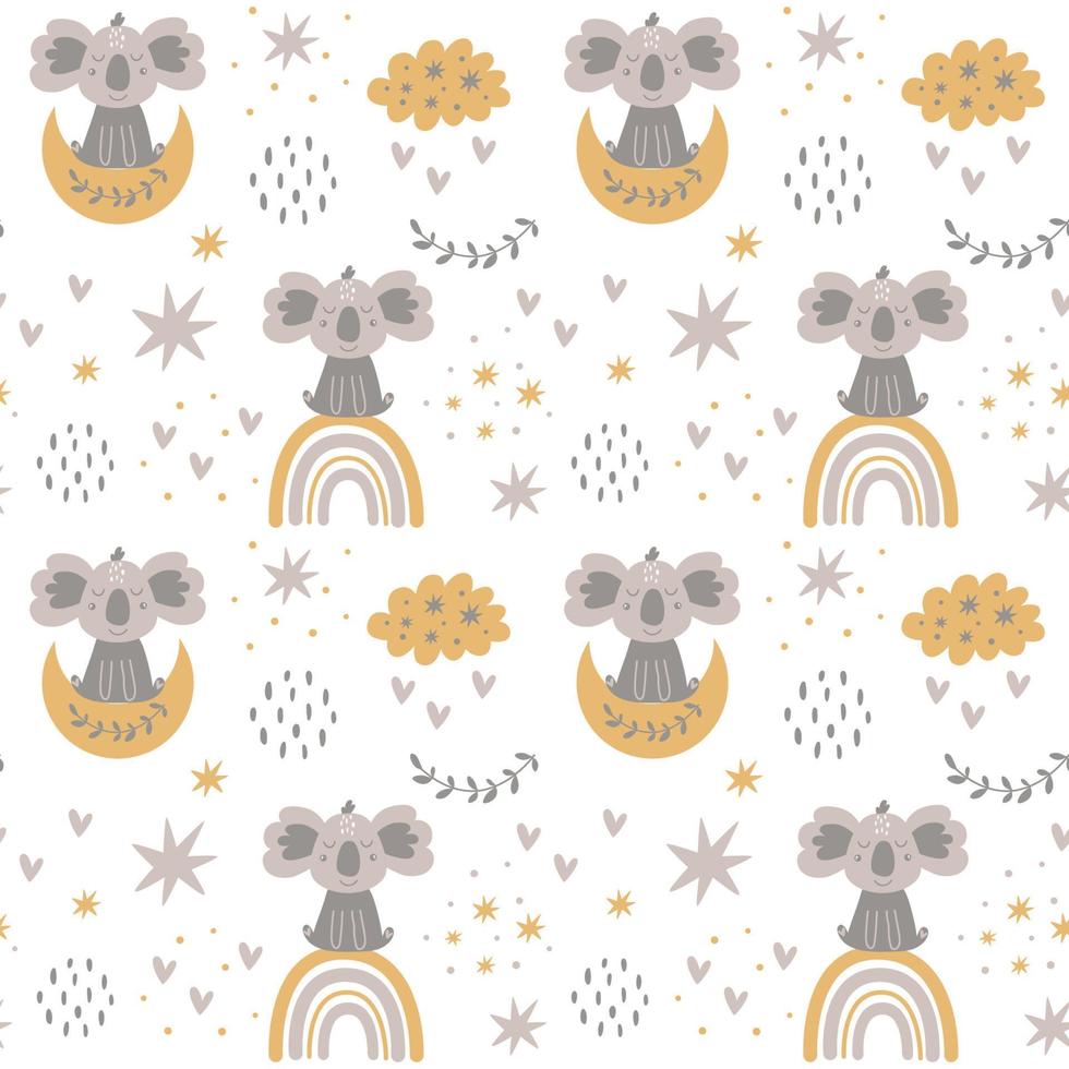 nahtloses muster des mondregenbogenkindergartenbabys mit niedlichem koala. kindische wolken, sternhintergrund. weicher Babydruck. leichtes Stoffdesign für Kinder. schlafendes Kinderzimmermuster. Baby-Koala-Vektor-Illustration. vektor