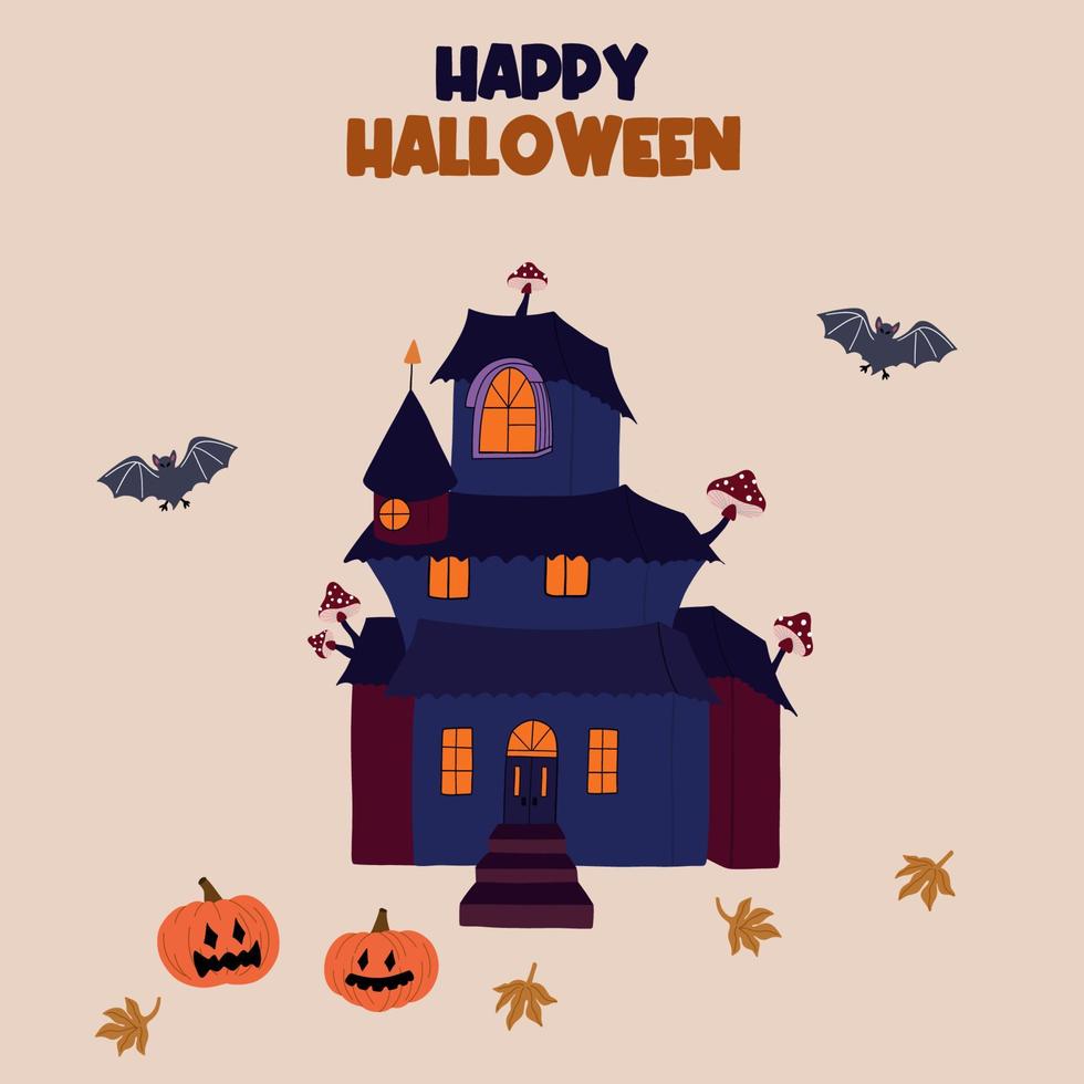 Lycklig halloween kort för fest inbjudan. halloween affisch mönster med pumpa, hus, fladdermöss. hand dragen vektor illustration