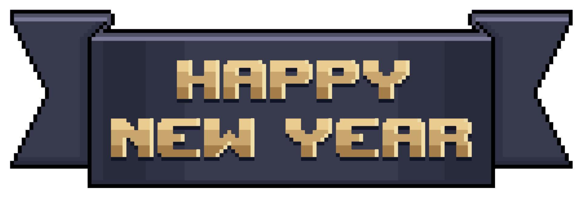 pixel konst svart band med Lycklig ny år, baner med gyllene Lycklig ny år vektor ikon för 8bit spel på vit bakgrund