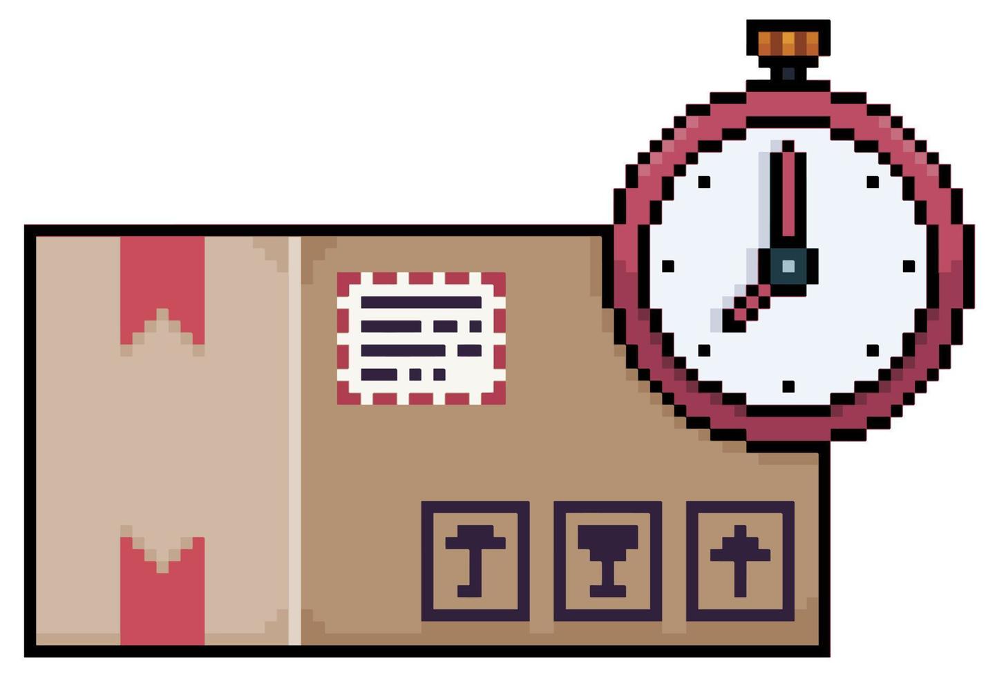 Pixel-Art-Bestellung im Karton mit Uhrensymbol, Express-Liefervektorsymbol für 8-Bit-Spiel auf weißem Hintergrund vektor