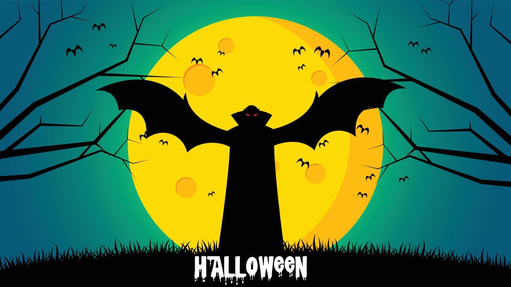 halloween's day hintergrund - dracula breitete flügel aus, die auf dem boden vor dem mond stehen vektor