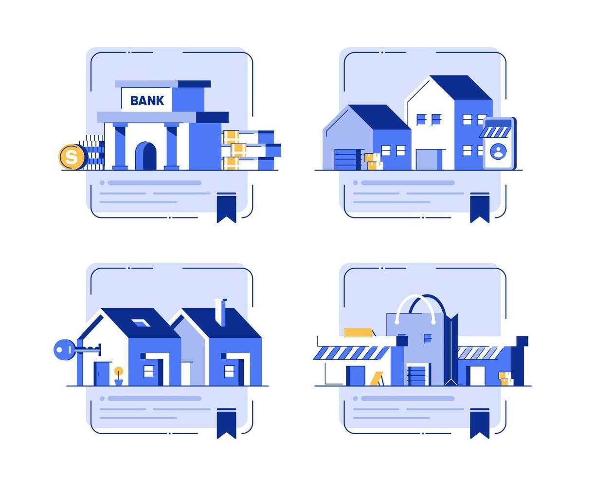 Baukasten, Haus, Bank, Geschäft, Wohnung, flache Designikonen-Vektorillustration vektor