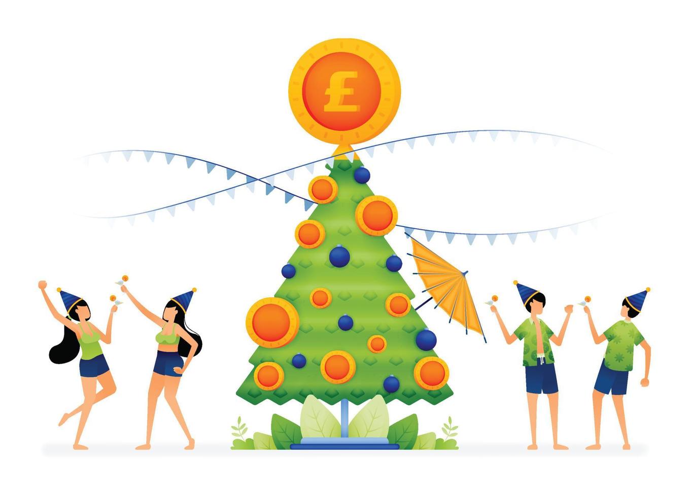 illustration von menschen, die am strand feiern, mit einem weihnachtsbaum, der mit lampen und münzen geschmückt ist. Entwickelt für Website, Zielseite, Flyer, Banner, Apps, Broschüre, Startup-Medienunternehmen vektor