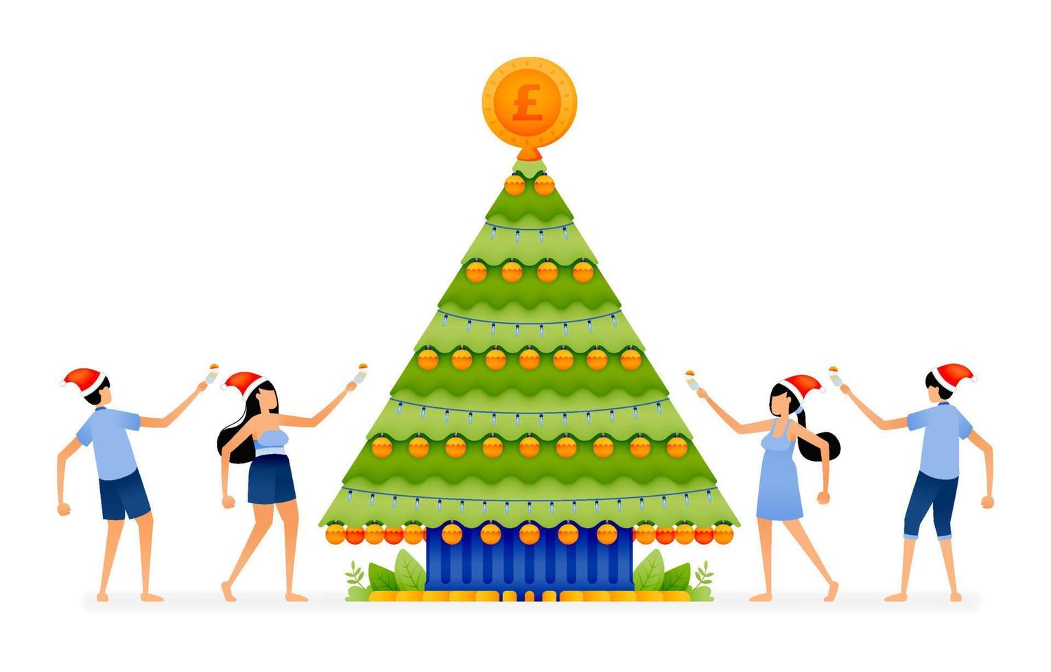 Die Leute stoßen an und feiern um einen Weihnachtsbaum herum, der mit Lichtern und Dollarscheinen geschmückt ist. Entwickelt für Website, Zielseite, Flyer, Banner, Apps, Broschüre, Startup-Medienunternehmen vektor