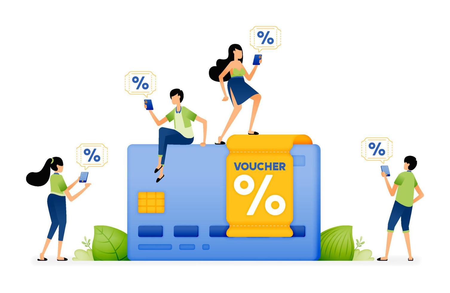 illustration av människor ser för kuponger, poäng, rabatter, bonusar och belöningar i varje kreditera kort transaktion. designad för hemsida, landning sida, flygblad, baner, appar, broschyr, börja företag vektor