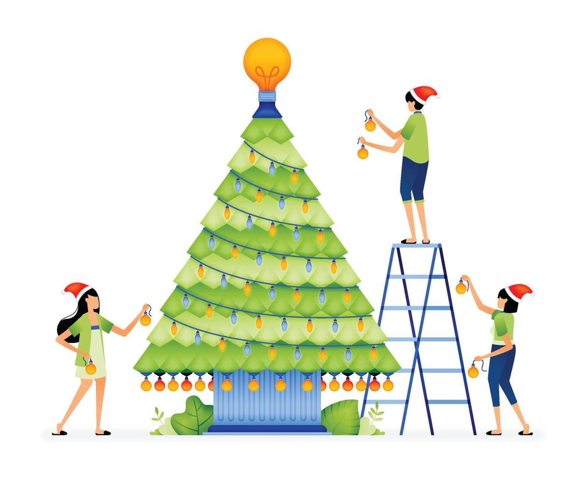 illustration av människor välkomnande jul med idéer till dekorera en jul träd med lampor. designad för hemsida, landning sida, flygblad, baner, appar, broschyr, börja media företag vektor