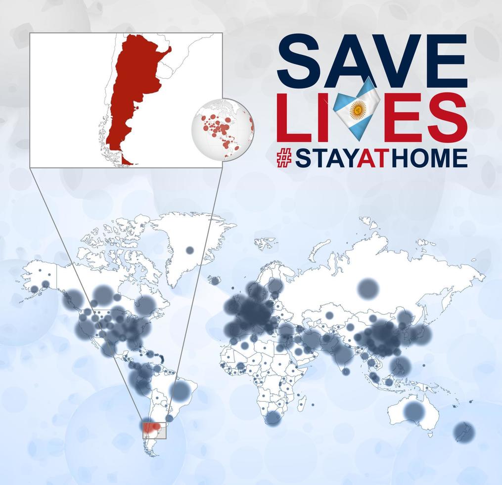 värld Karta med fall av coronavirus fokus på argentina, covid-19 sjukdom i argentina. slogan spara liv med flagga av argentina. vektor
