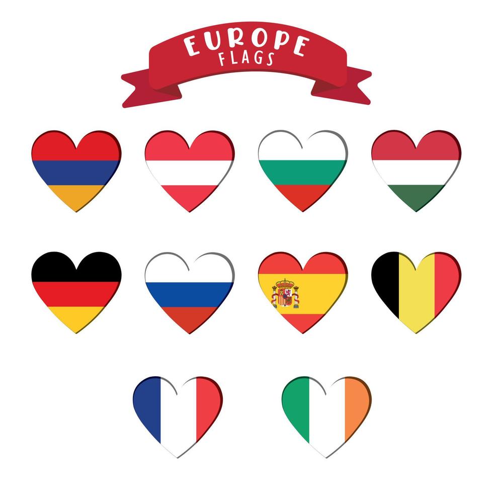 uppsättning av hjärta former med annorlunda europeisk flaggor vektor illustration