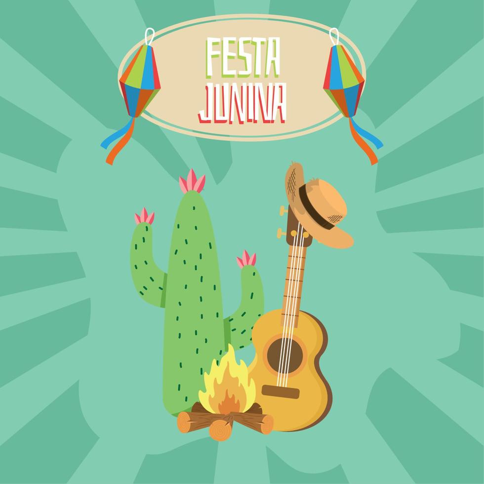 färgad randig affisch med kaktus lägereld och gitarr festa junina vektor illustration
