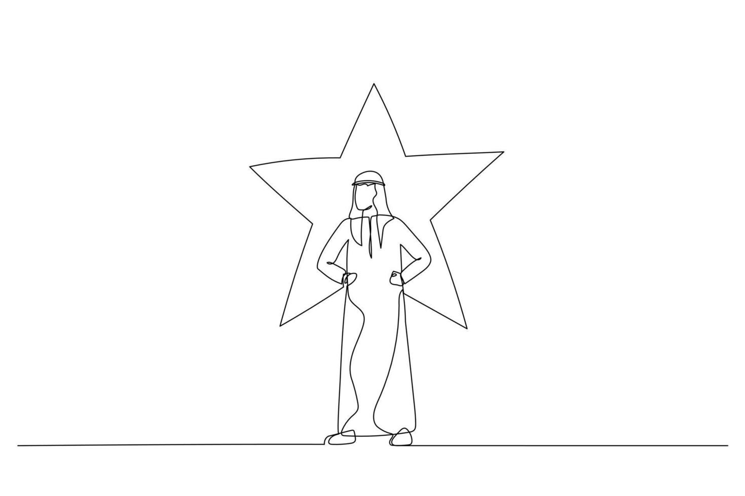tecknad serie av arab affärsman stående med lysande stjärna på hans bakgrund. enda kontinuerlig linje konst stil vektor