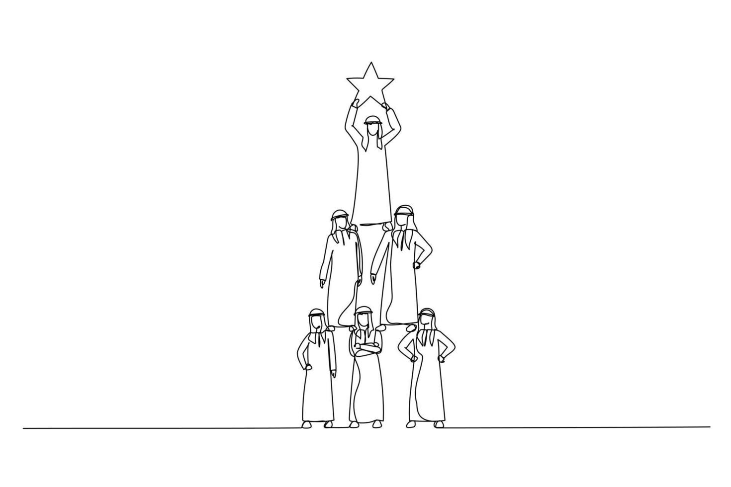 illustration der teamarbeit arabische geschäftsmannpyramide, um stern zu erreichen. fortlaufende Strichzeichnungen vektor