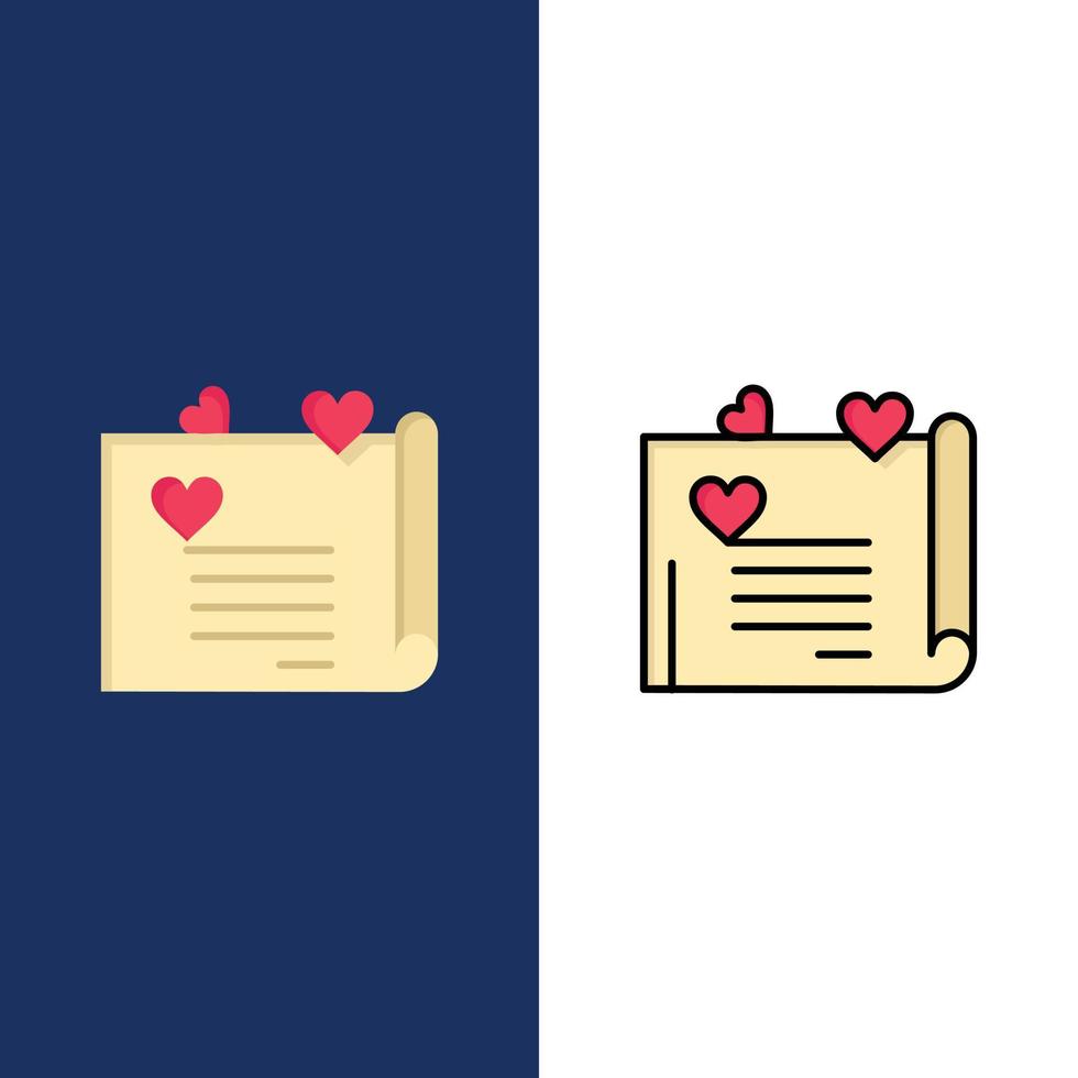 Liebesbrief Hochzeitskarte Paar Vorschlag Liebe Symbole flach und Linie gefüllt Icon Set Vektor blau backg