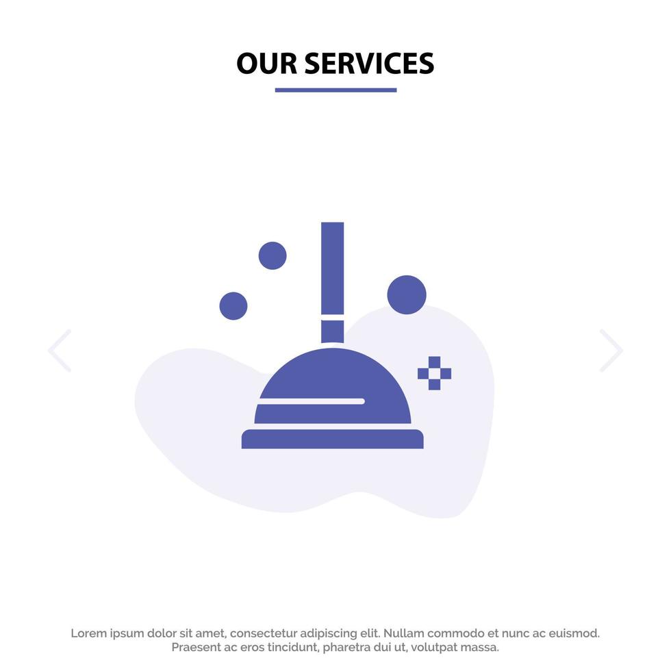 unsere dienstleistungen reinigungsverbesserungskolben solide glyph icon web card template vektor