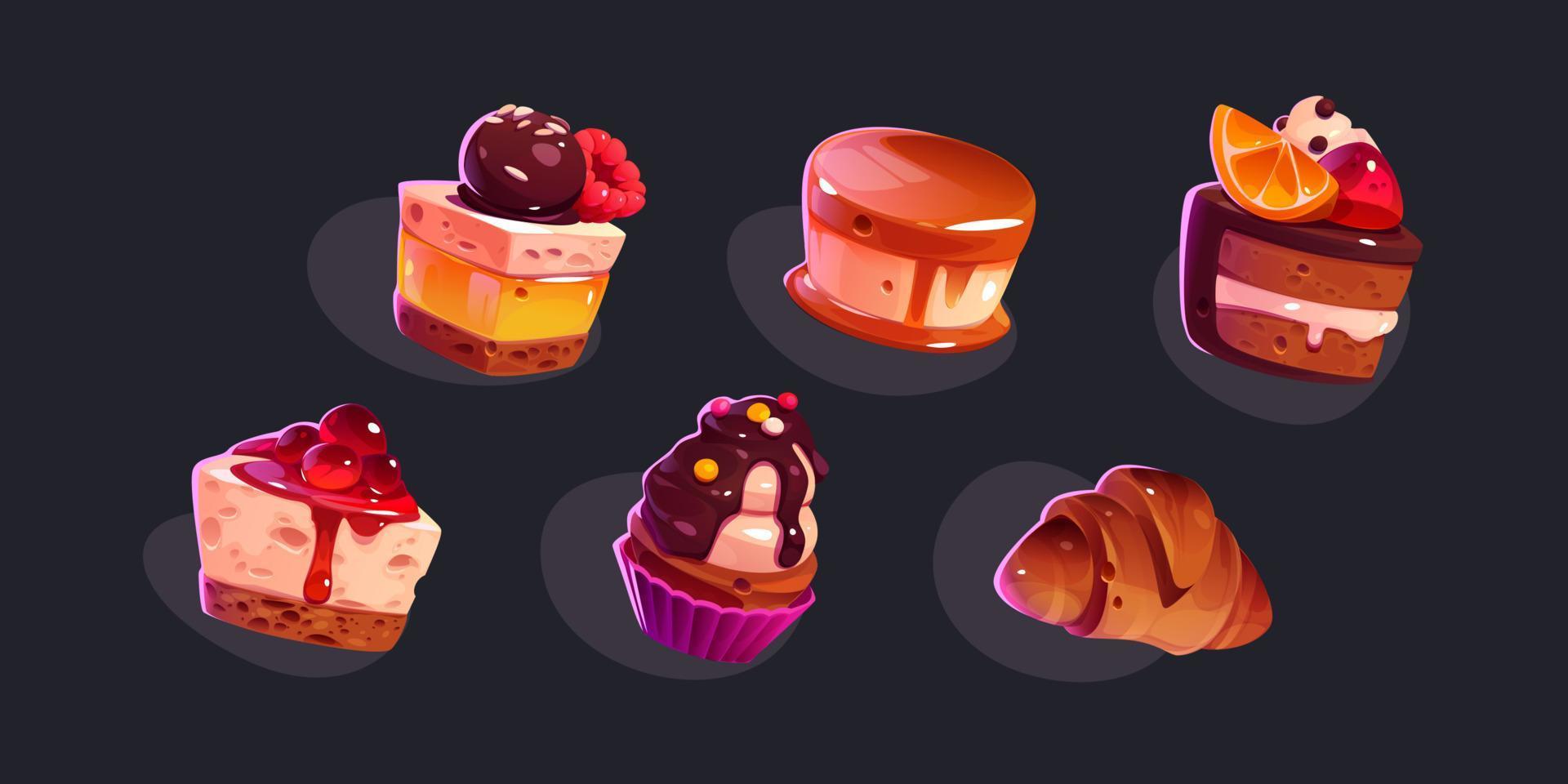 süße Desserts, Kuchen, Cupcakes und Croissants vektor
