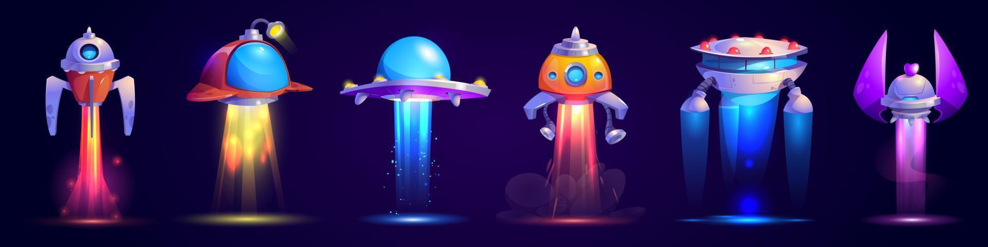 utomjording rymdskepp, flygande UFO spel ikoner vektor uppsättning.