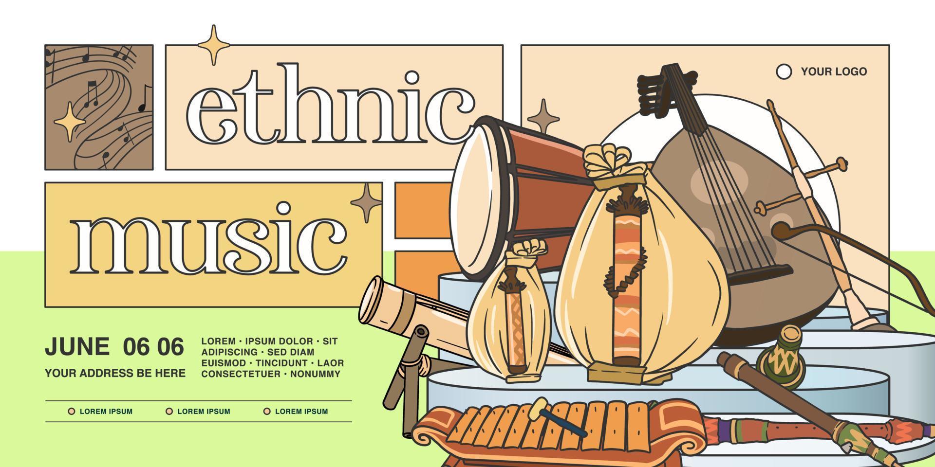 indonesische ethnische musik instrumentale handgezeichnete bannerillustration vektor