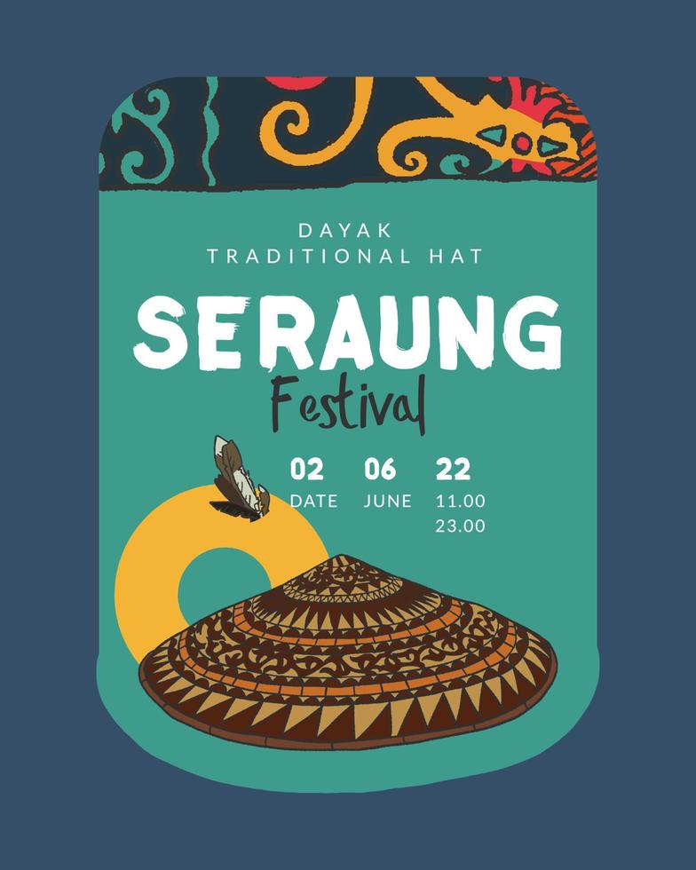 Dayak traditionell hatt kallad seraung hand dragen illustration indonesien kultur vektor