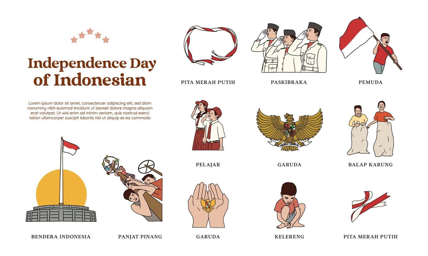 uppsättning av indonesiska oberoende dag hand dragen illustration. isolerat patriot tillgång av indonesiska kultur. vektor