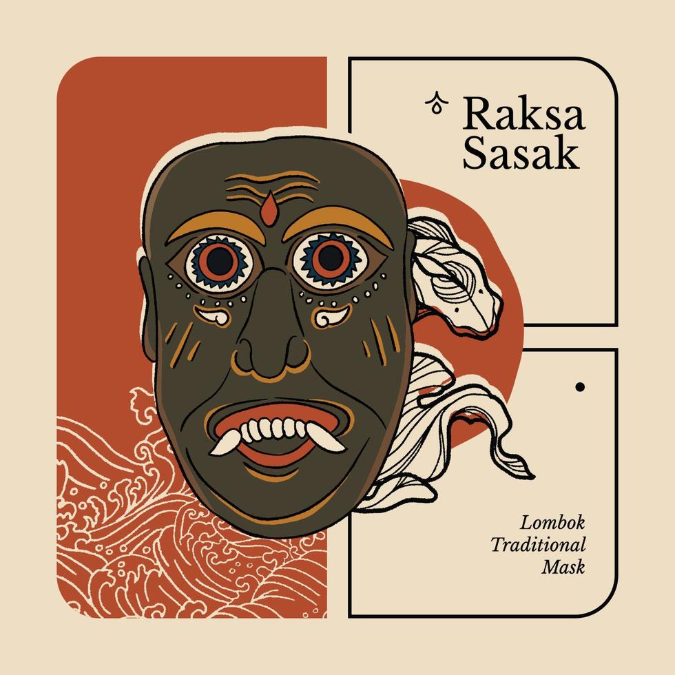 lombok traditionell mask kallad raksa sasak indonesien kultur handrawn illustration vektor