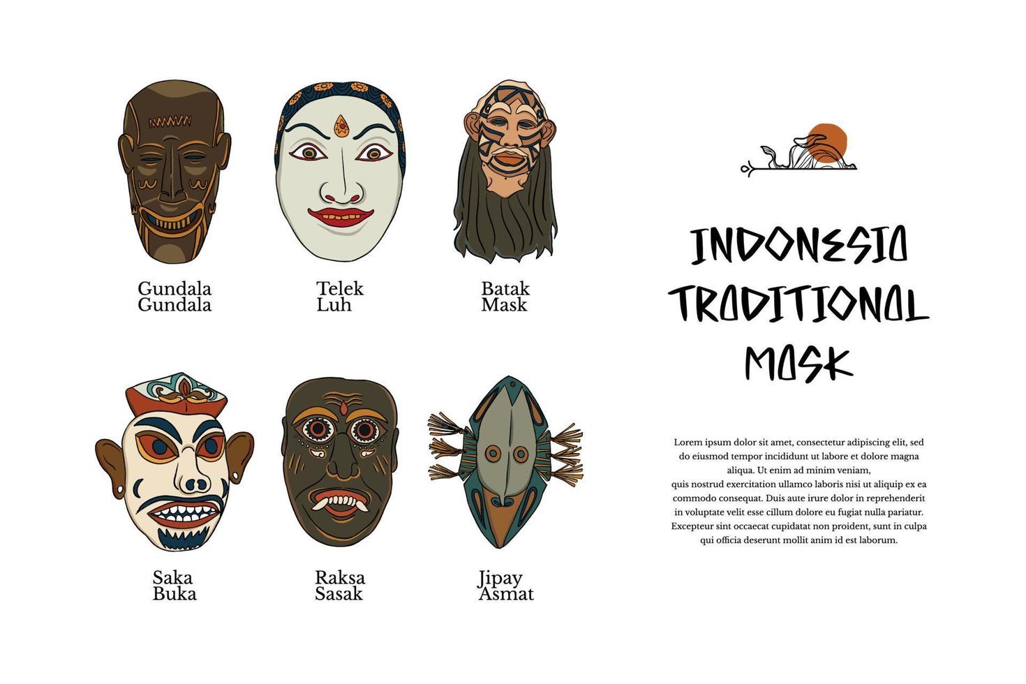 isolierte indonesische traditionelle maskenkultur handgezeichnete illustrationsdesigninspiration vektor