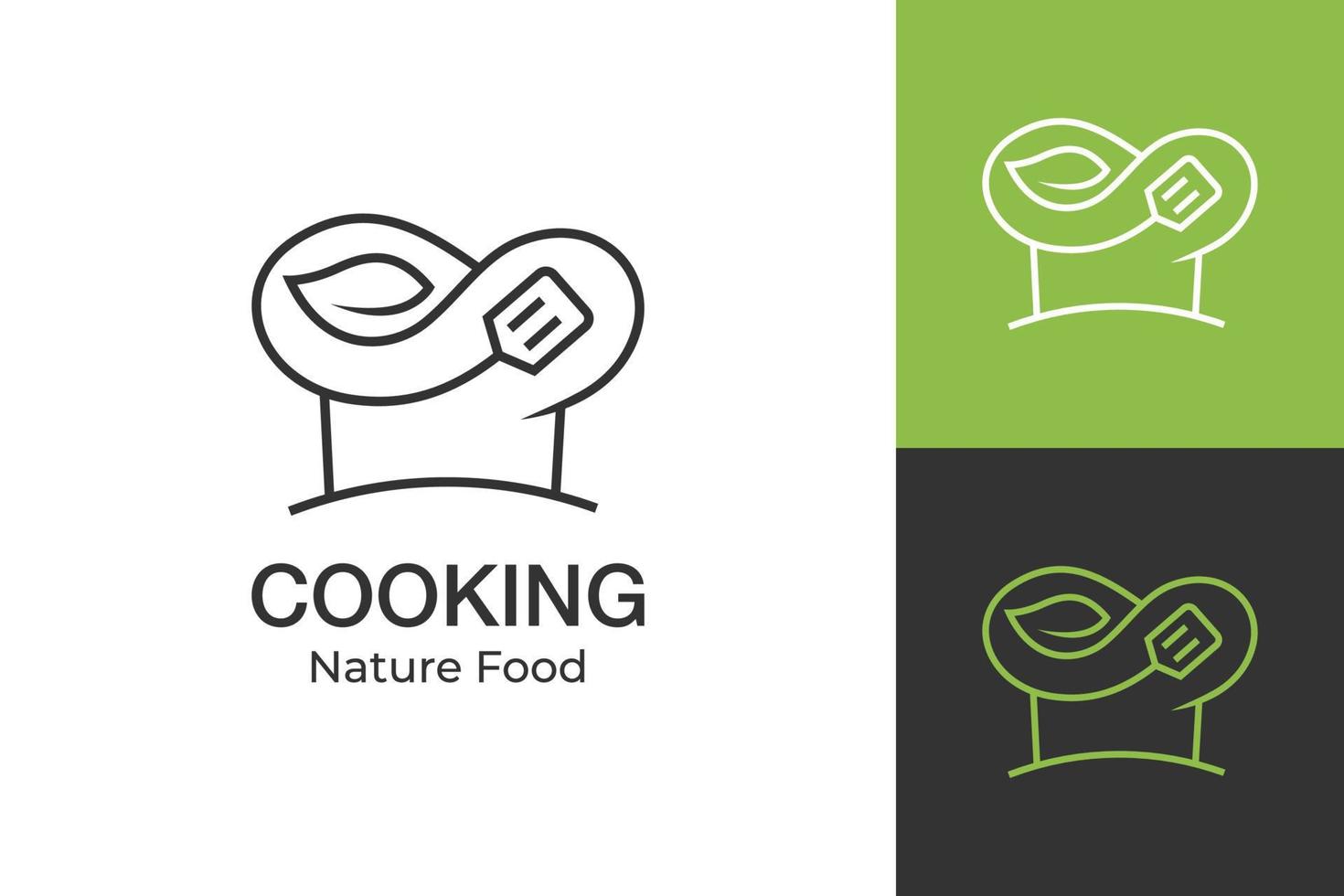 Natur Koch Kochen Logo Design Linienstil Vektor Symbol Icon Design mit Kappe, Blatt und Spachtel Designelemente für gesunde Ernährung, Gemüse, Vegetarier