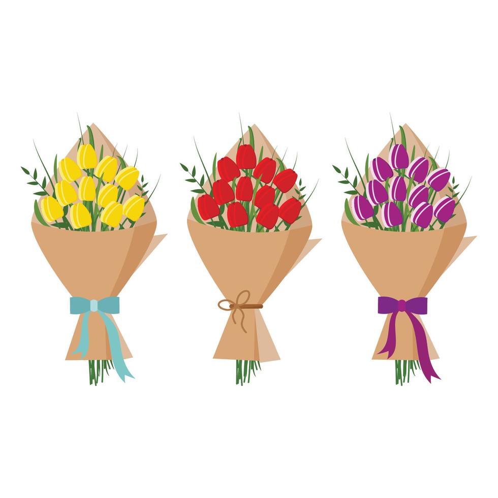 Satz des schönen Blumenstraußes der gelben, roten, purpurroten Tulpen in der Kraftpapierverpackung lokalisiert auf weißem Hintergrund, Design-Vektorillustration der Karikaturart flache. florales Element. vektor