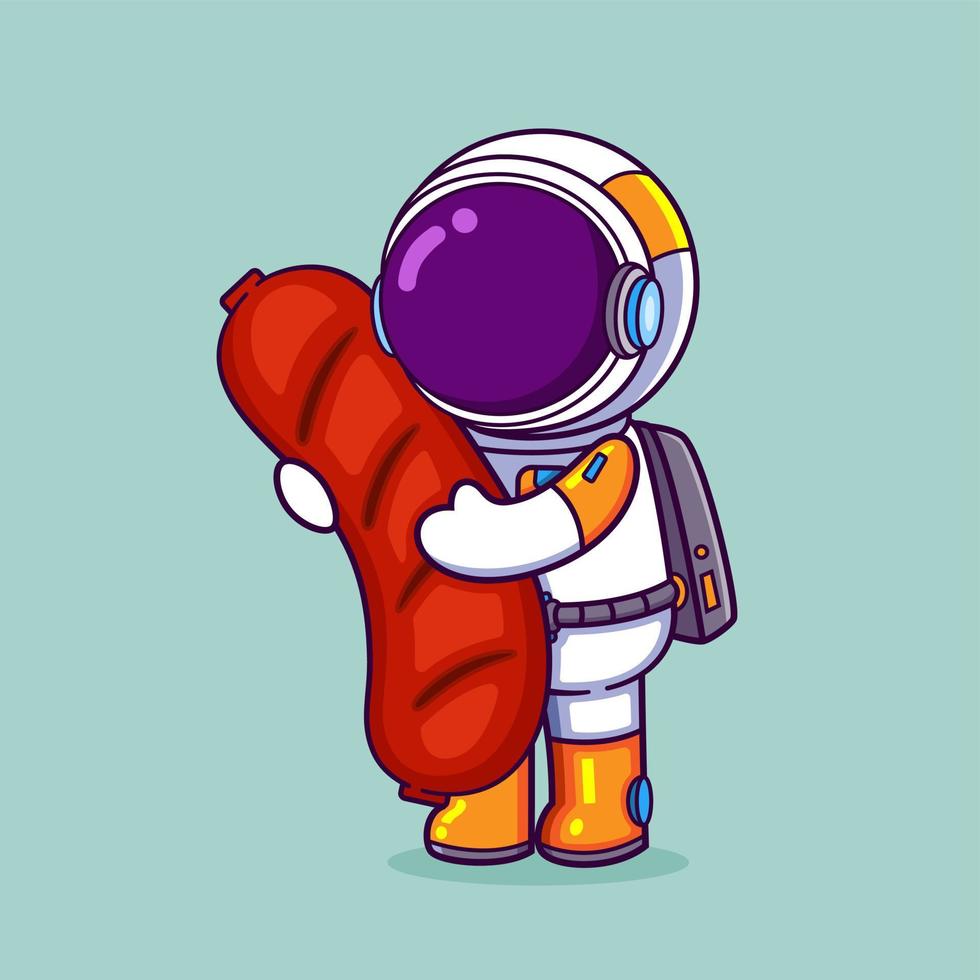 Der Astronaut hat eine große Wurst in der Hand und wird sie essen vektor