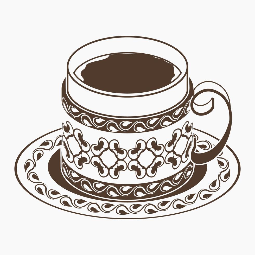 editierbarer flacher einfarbiger Stil isolierte dreiviertel Draufsicht gemusterte türkische Fincan-Tasse Kaffee auf einer Untertassenvektorillustration für Café- und osmanische Kulturtradition oder geschichtsbezogenes Design vektor