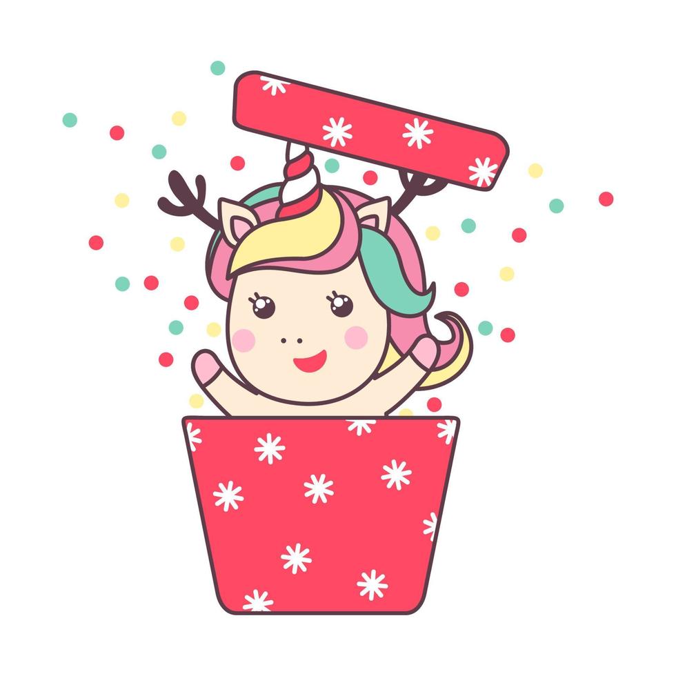 süßes weihnachtliches kawaii charakter einhorn in geschenkbox mit konfetti isoliert auf weißem hintergrund. feiertagsgestaltungselement für grußkarte und druck für t-shirt. Vektor-Illustration. vektor