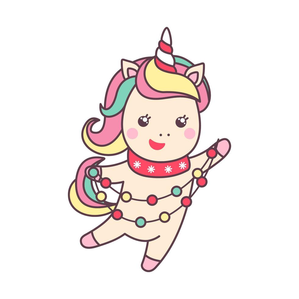 süßes weihnachtliches kawaii charakter einhorn mit lichtern isoliert auf weißem hintergrund. feiertagsgestaltungselement für grußkarte und druck für t-shirt. Vektor-Illustration. vektor