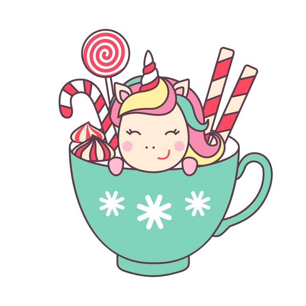 süßes weihnachts-kawaii-charakter-einhorn in der tasse mit lutschern und zuckerstange lokalisiert auf weißem hintergrund. feiertagsgestaltungselement für grußkarte und druck für t-shirt. Vektor-Illustration. vektor