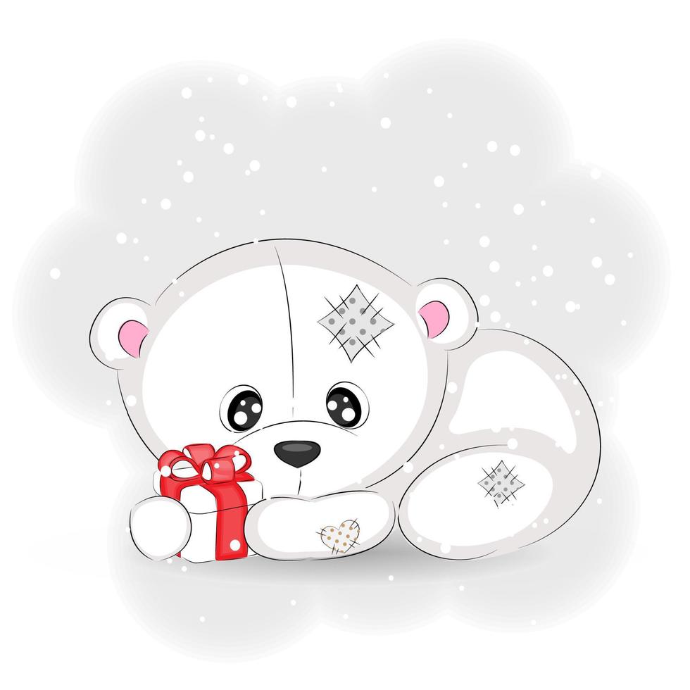söt polär Björn med en gåva, vektor jul illustration