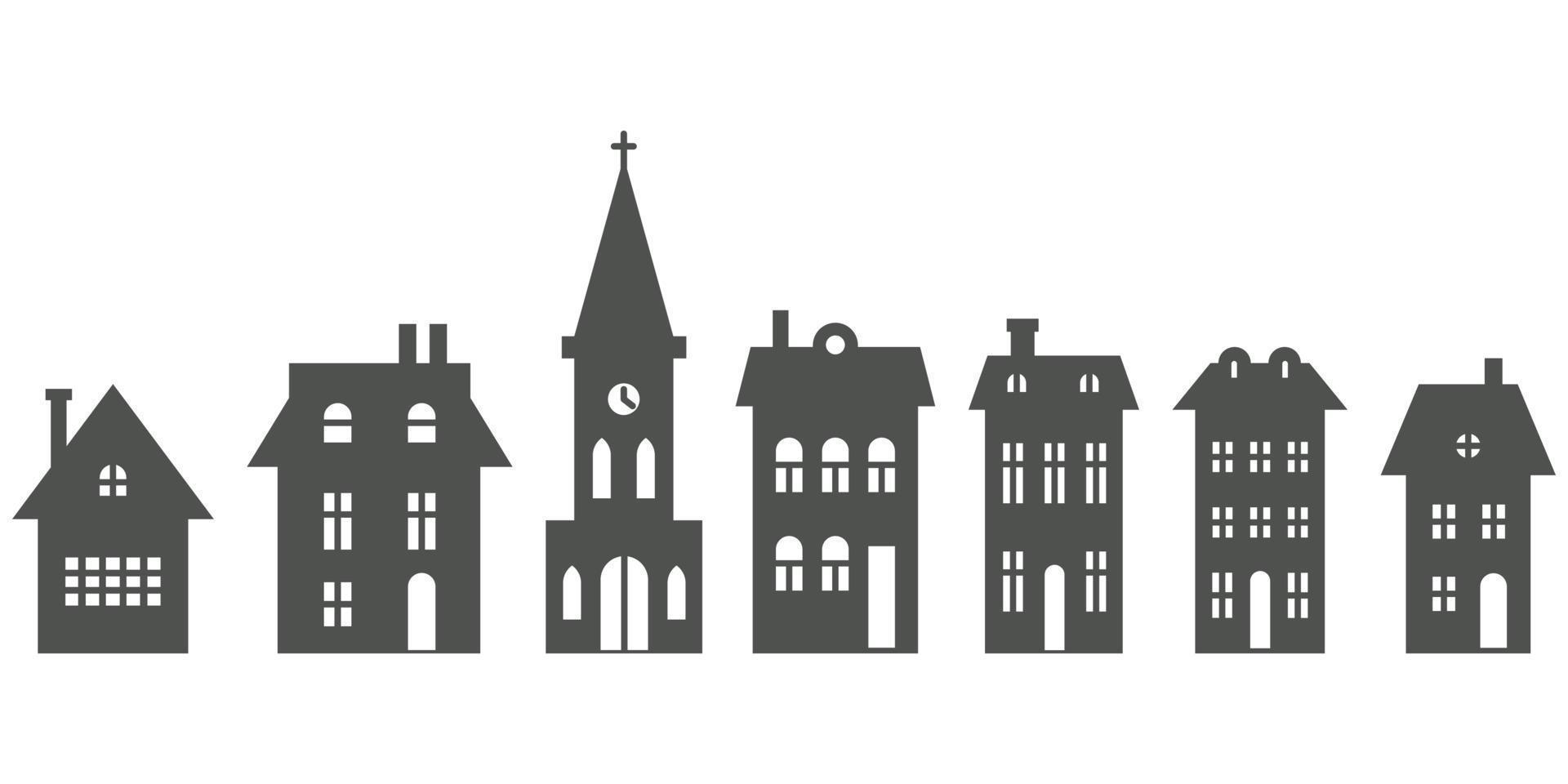 Silhouette von Hütten und Kirche in der Nachbarschaft. Reihe von Häusern in der Vorstadtstraße. ländliche Hütte. Glyphen-Vektor-Illustration. vektor