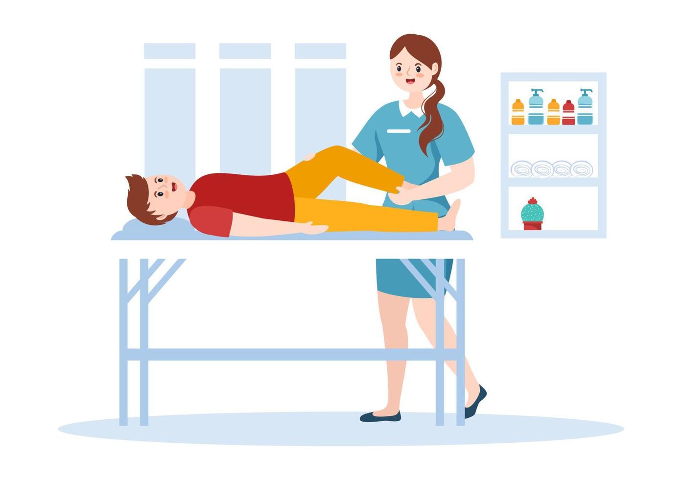 kiropraktor platt tecknad serie hand dragen mallar illustration av patient i fysioterapi rehabilitering med osteopati specialist naturlig behandling vektor