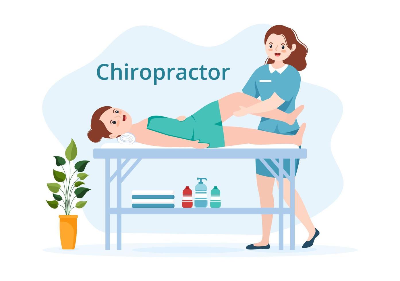 kiropraktor platt tecknad serie hand dragen mallar illustration av patient i fysioterapi rehabilitering med osteopati specialist naturlig behandling vektor