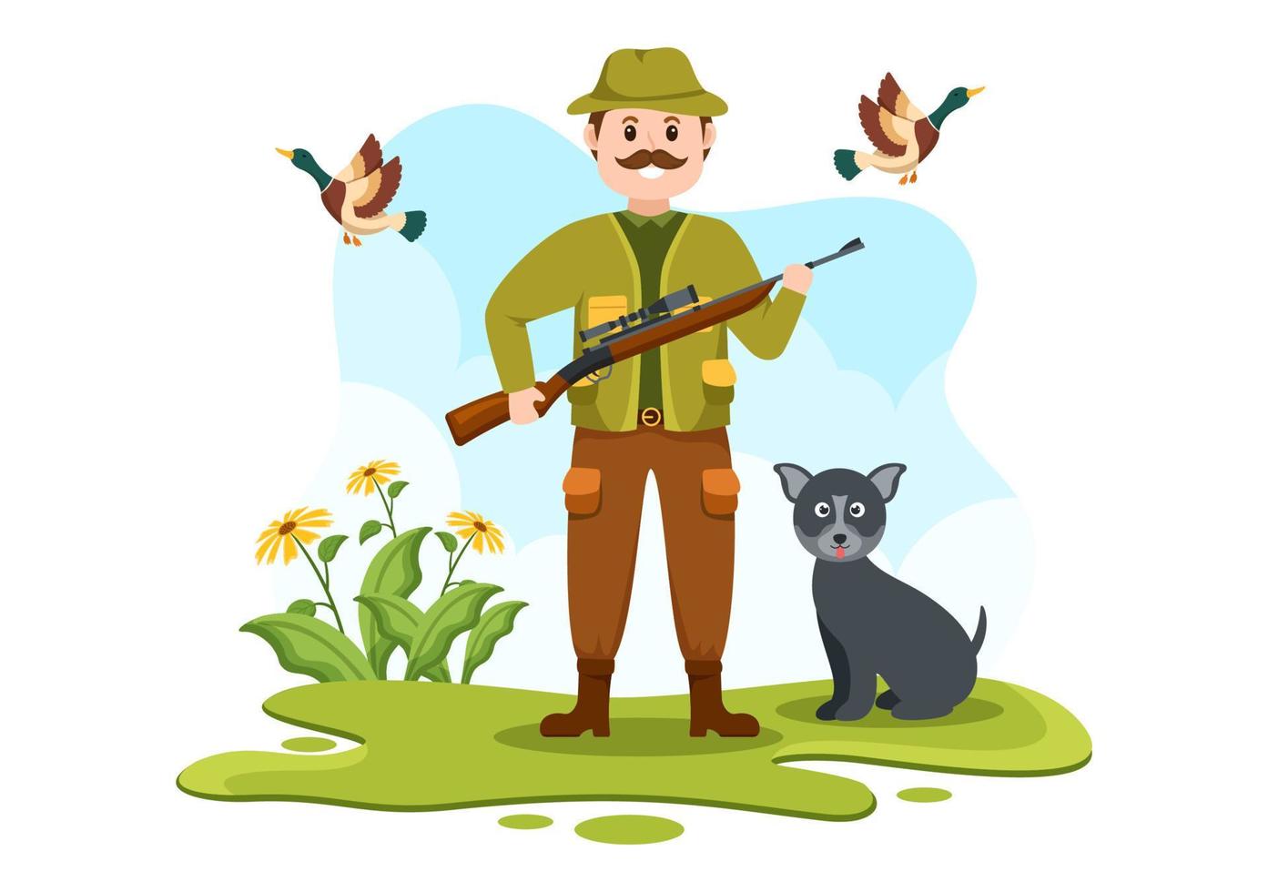 jäger mit jagdgewehr oder waffe, die auf vögel oder tiere im wald auf flacher karikaturhandzeichnungsschablonenillustration schießt vektor