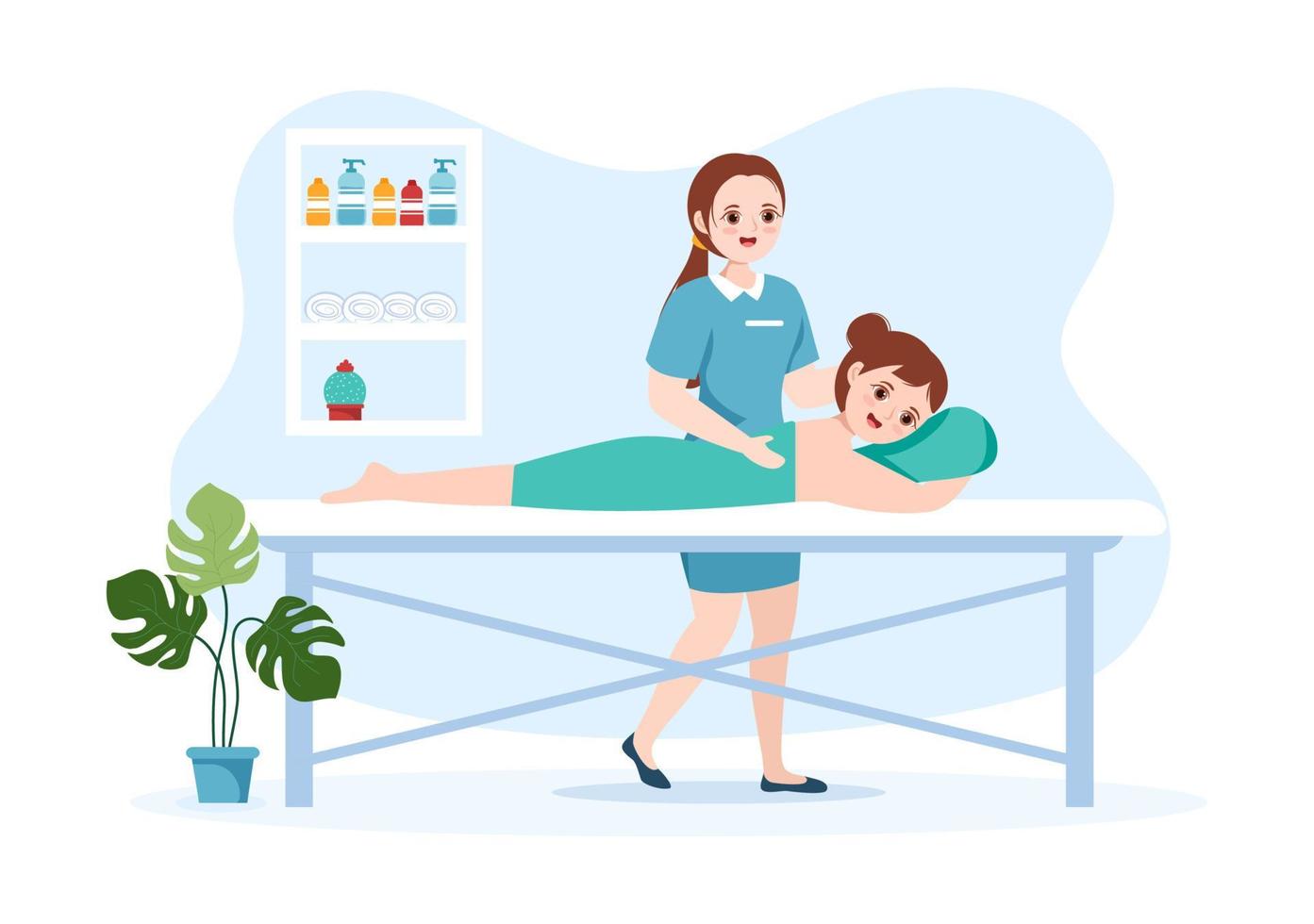 handgezeichnete vorlagen des chiropraktikers flache karikaturillustration des patienten in der physiotherapierehabilitation mit natürlicher behandlung des osteopathenspezialisten vektor