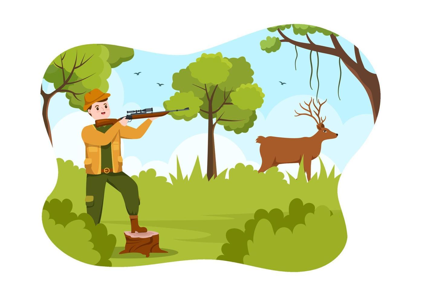 jäger mit jagdgewehr oder waffe, die auf vögel oder tiere im wald auf flacher karikaturhandzeichnungsschablonenillustration schießt vektor