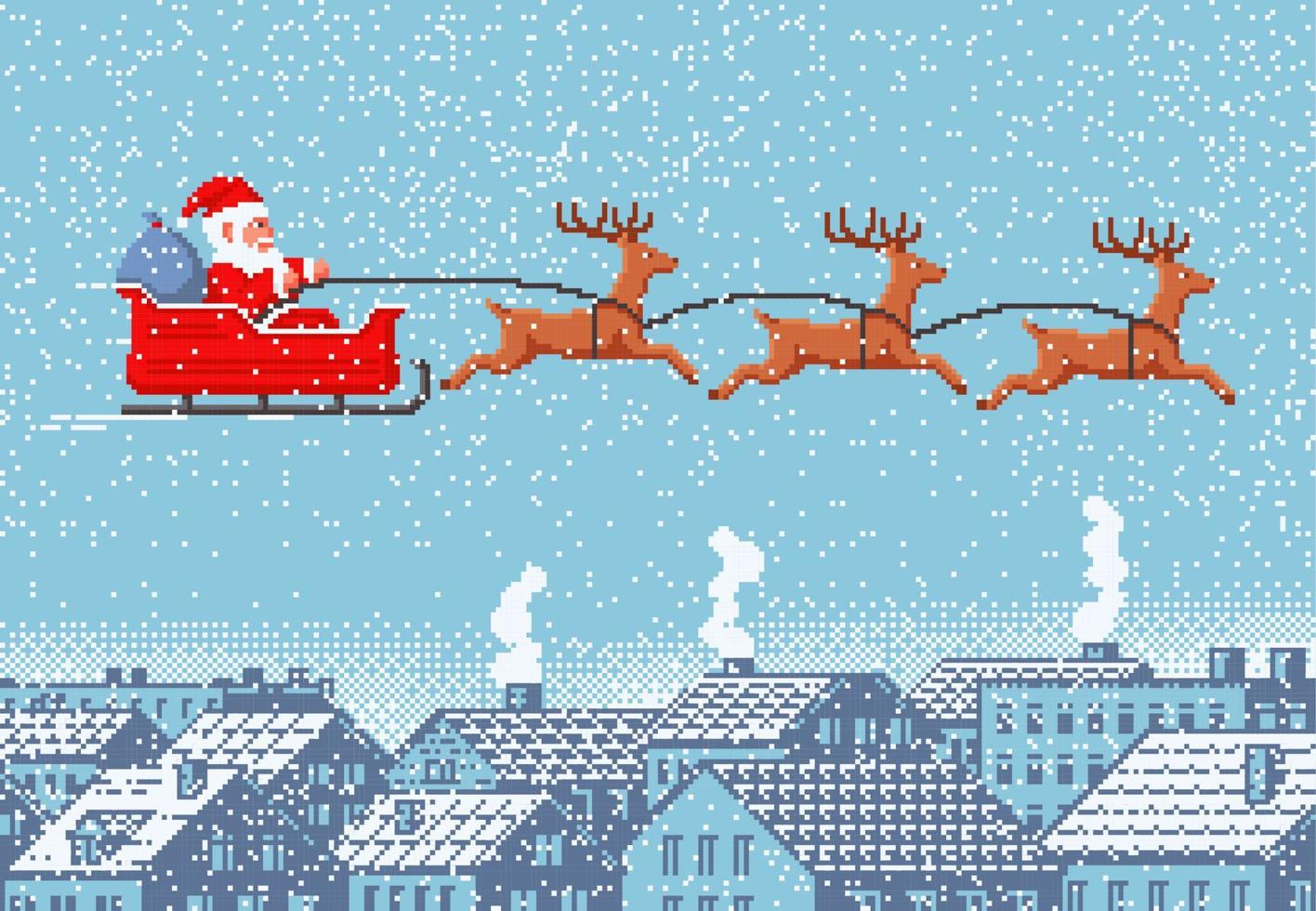 pixel santa claus ren släde flygande i himmel vektor