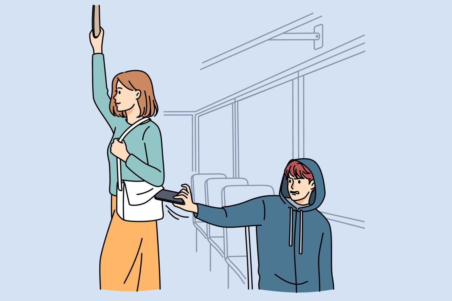 manlig ficktjuv stjäla plånbok från kvinna passagerare i buss eller metro. man tjuv ta telefon eller pengar från kvinna väska i spårvagn. inbrott och stöld begrepp. vektor illustration.