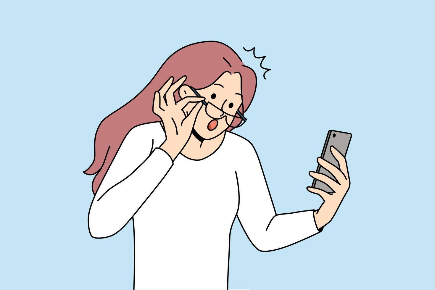 chockade ung kvinna ta av glasögon se på mobiltelefon skärm chockade förbi oväntat Nyheter uppkopplad. förvånad flicka överraskad med meddelande eller text på smartphone. platt vektor illustration.