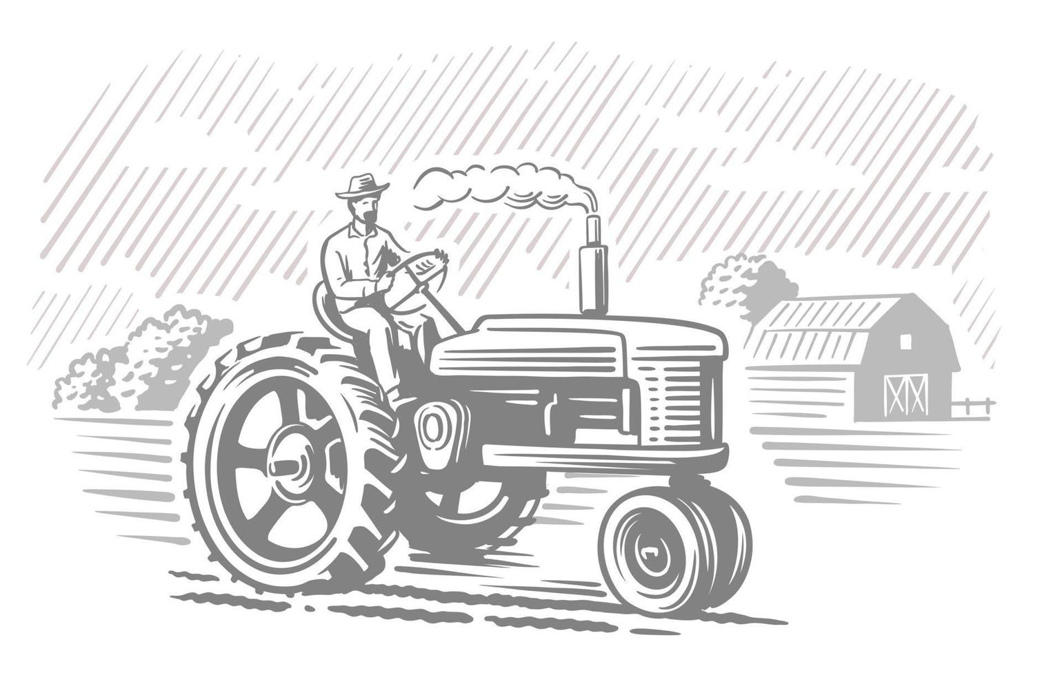 alter Traktor mit Vektor der ländlichen Szene. Landwirt Fahrer