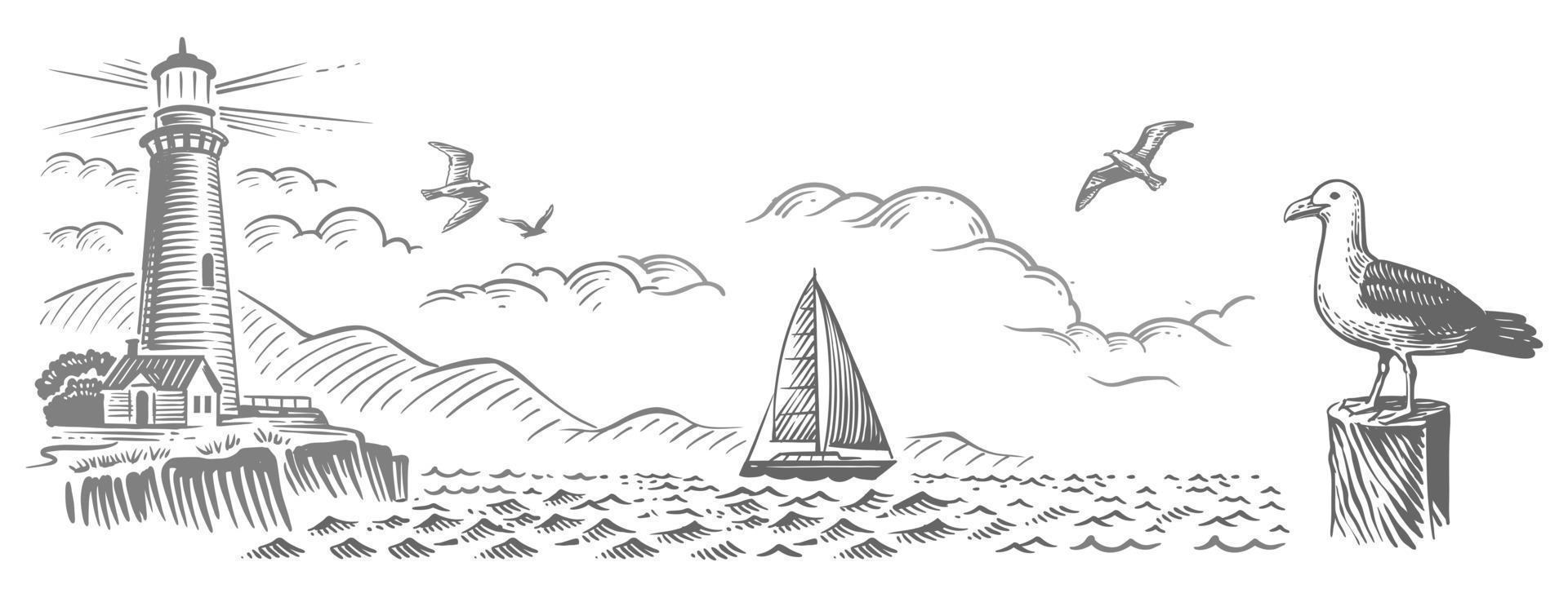 landskap, hav, segelbåt, fyr. hand dragen vektor illustration