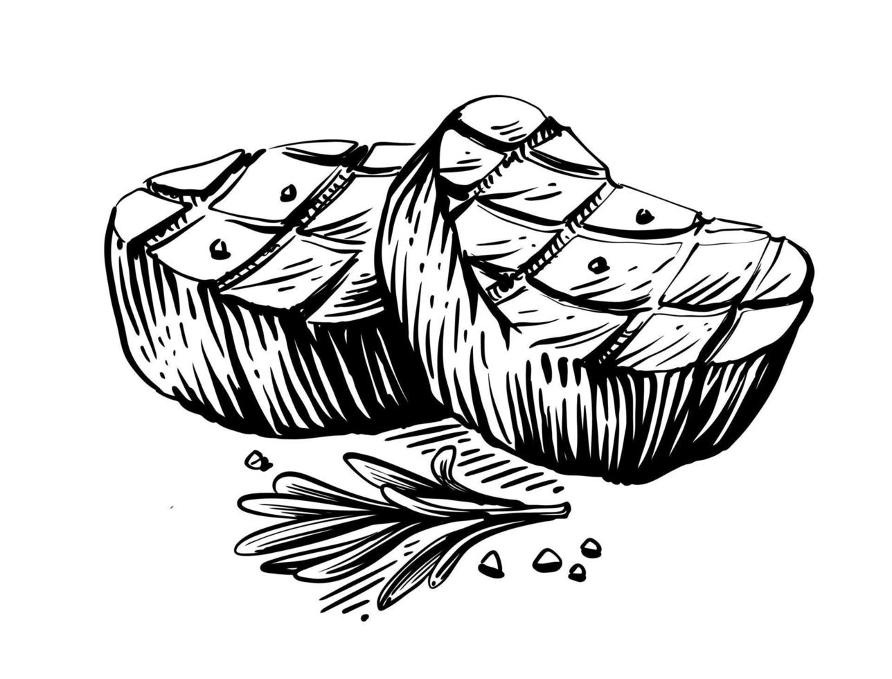 Steak-BBQ-Zeichnung. Fleisch von Hand gezeichnet. vektor