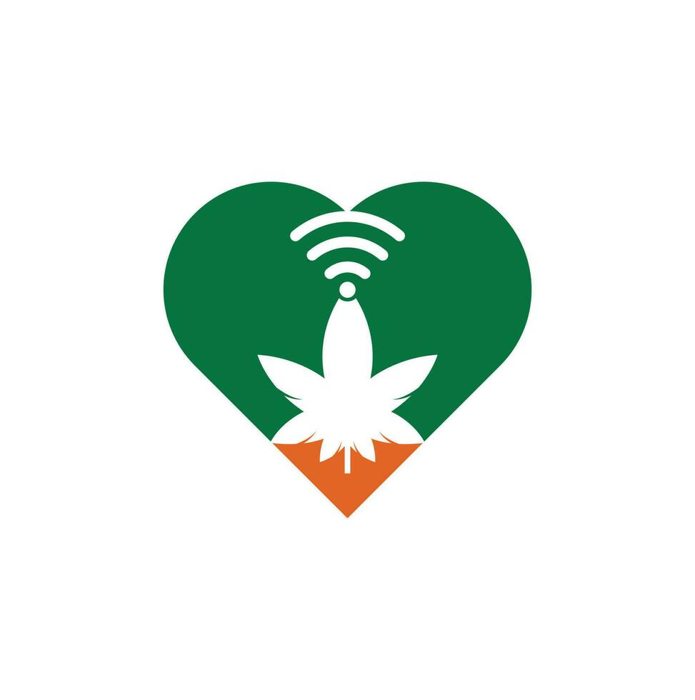 cannabis wiFi hjärta form vektor logotyp design. hampa och signal symbol eller ikon.