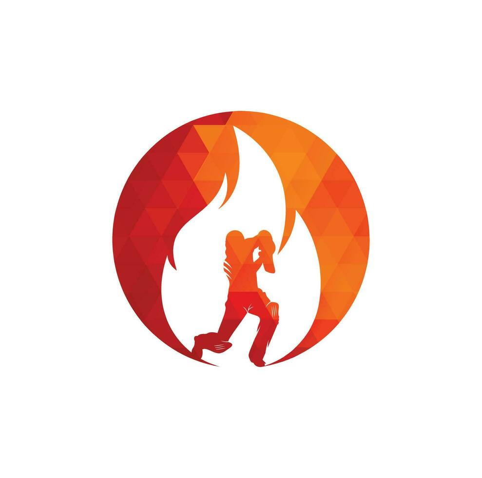Feuer-Cricket-Spieler-Vektor-Logo-Design. Cricket Fire Gear Logo-Symbol. schlagmann, der cricket spielt, und feuerkombinationslogo. vektor