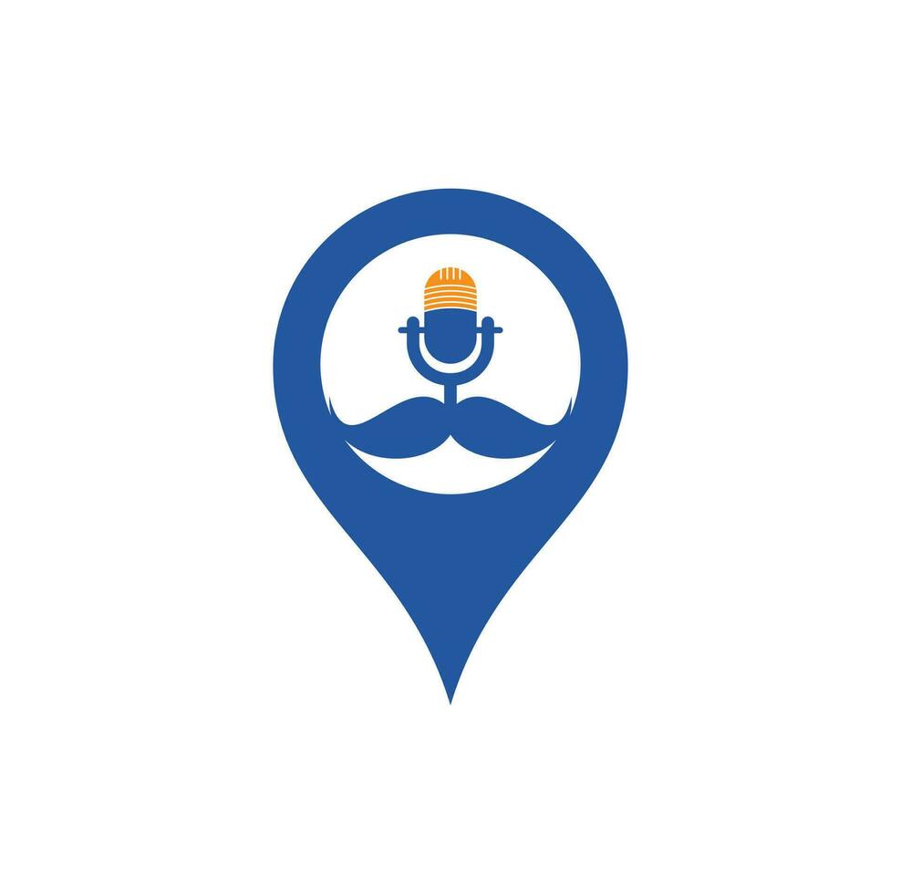 Designvorlage für starkes Podcast-GPS-Vektorlogo. Gentleman-Podcast-Logo-Design-Vorlage. Schnurrbart-Podcast-Symbol. vektor