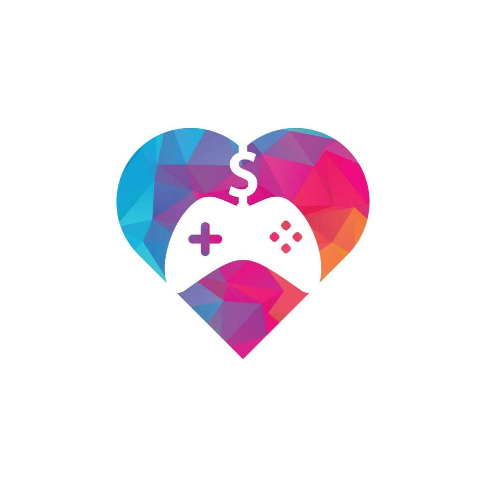 Geldspiel Herzform Konzept Logo. Joystick-Geldspiel kreatives Online-Logo-Design vektor
